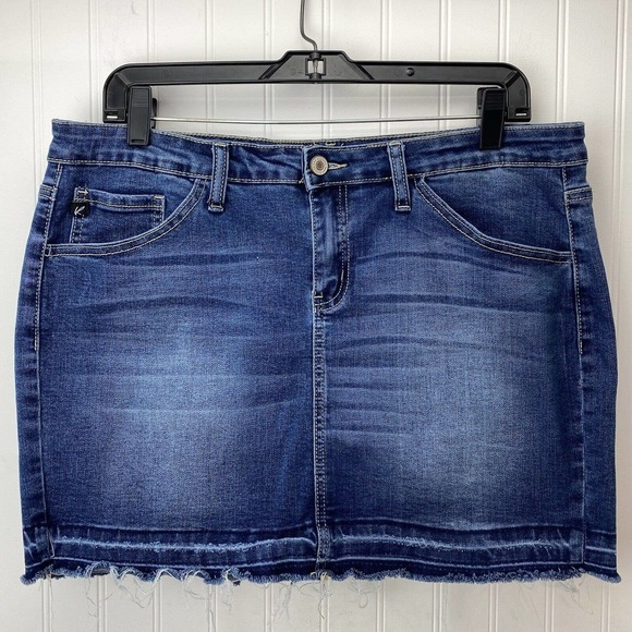 KanCan Dresses & Skirts - Kancan Mini Short Skirt Sz 13/30 (35"Waist) Denim Blue Jean Raw Hem Back Slit